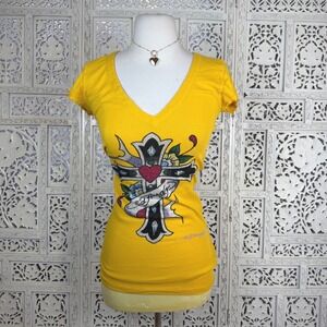 Ed Hardy Yellow V Neck T Shirt Rhinestone Y2K Grunge Graphic Tunic Cross Sz M